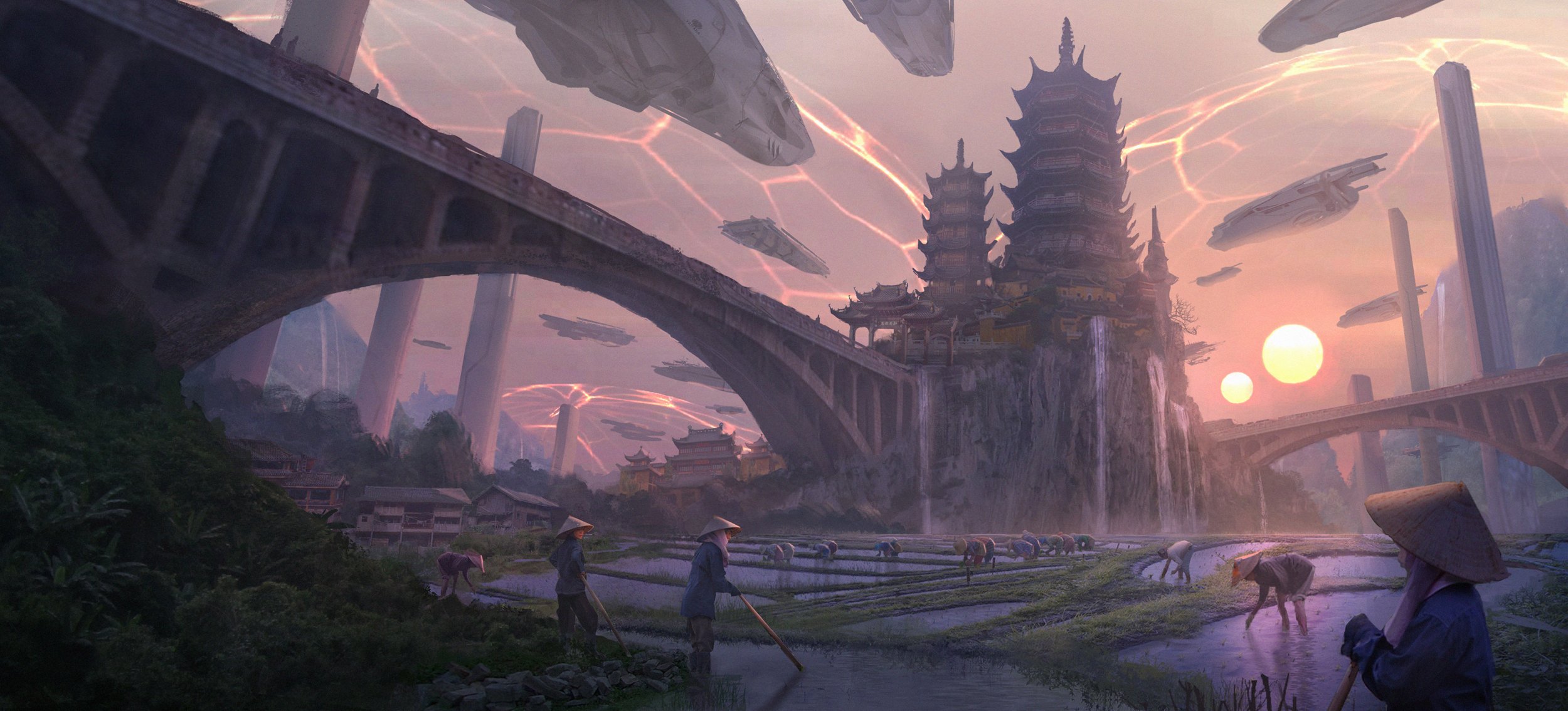 china, Castle, Sunrise, Sunset, Bridge, Fantasy, Cities, City, Asian, Oriental Wallpaper