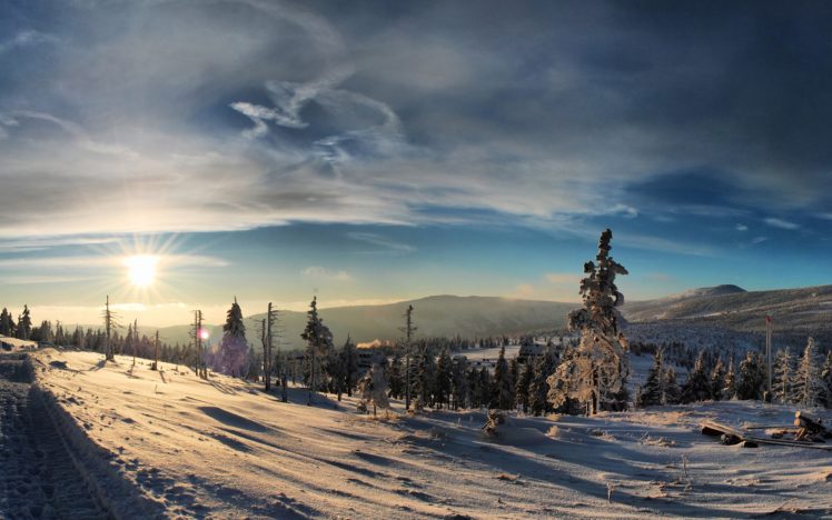 winter, Snow, Sun, Sky, Nature, Blue, Tree, Mountain HD Wallpaper Desktop Background