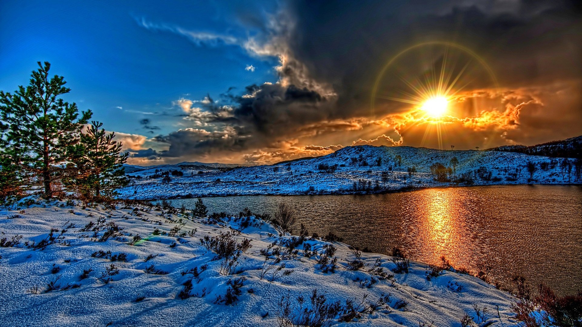 nature, Magnificent, Sunset, Over, River, Winter, Sun, Beauty Wallpaper