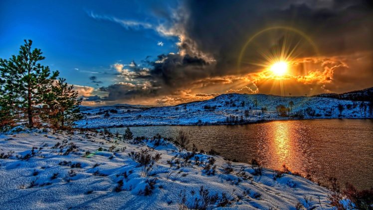 nature, Magnificent, Sunset, Over, River, Winter, Sun, Beauty HD Wallpaper Desktop Background