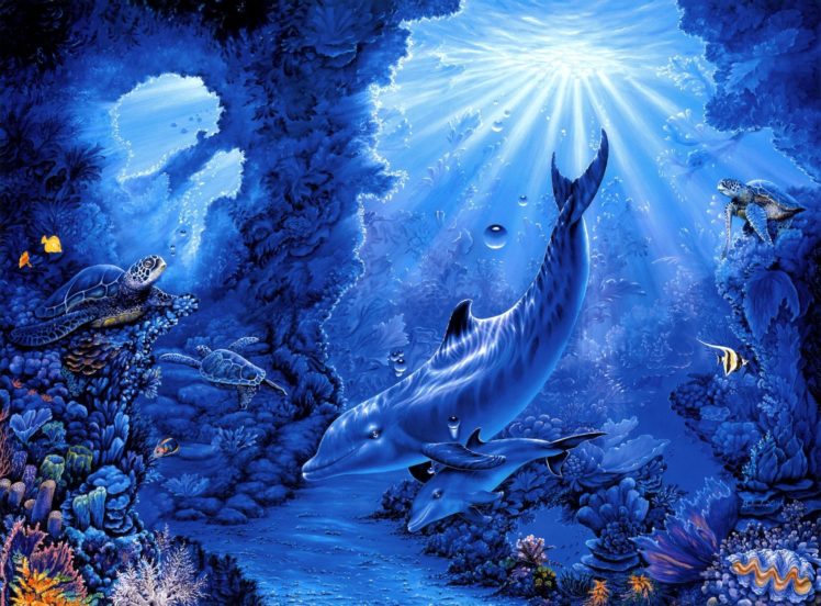 belinda, Leigh, Seabed, Turtles, Fish, Corals, Rays, Art, Dolphins, Dolphin, Sea, Ocean, Underwater HD Wallpaper Desktop Background