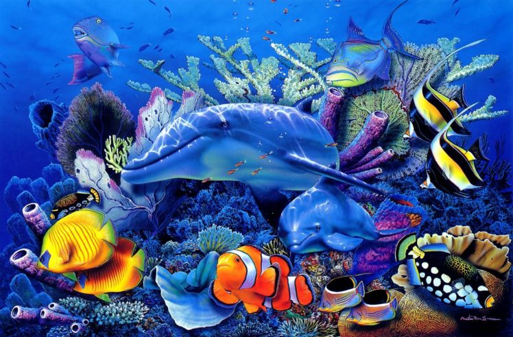 dolphins, Dolphin, Ocea, Sea, Underwater, Christian, Riese, Lassen, Dolphins, Fish, Corals, Art, Fantasy HD Wallpaper Desktop Background
