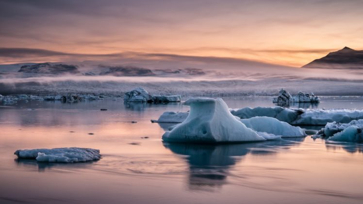 ice, Sea, Sun, Cold, Mountains, Reflection, Sunrise, Sunset, Ocean, Winte, Glacier HD Wallpaper Desktop Background