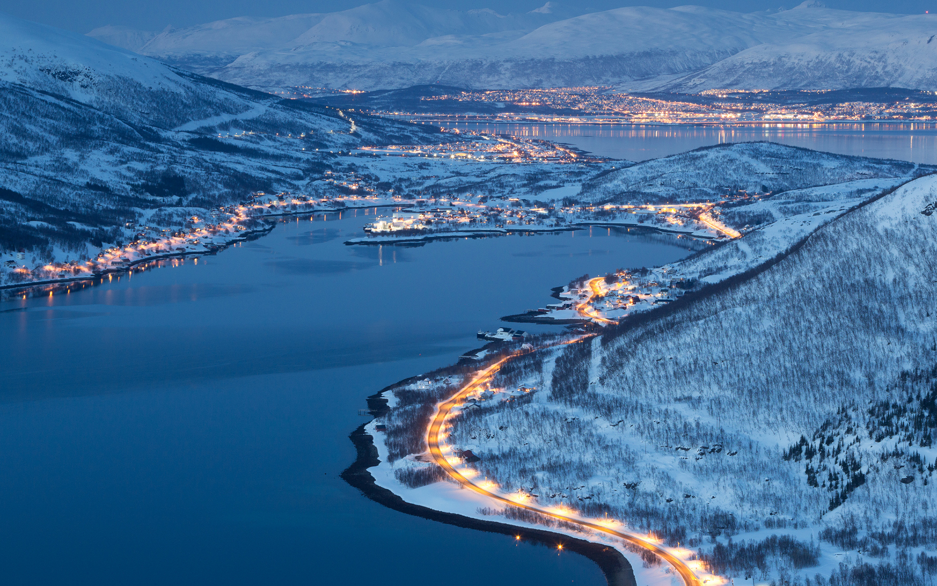lakes, Snow, Winter, Lights, Landscapes, Night, Lights, Reflection Wallpaper