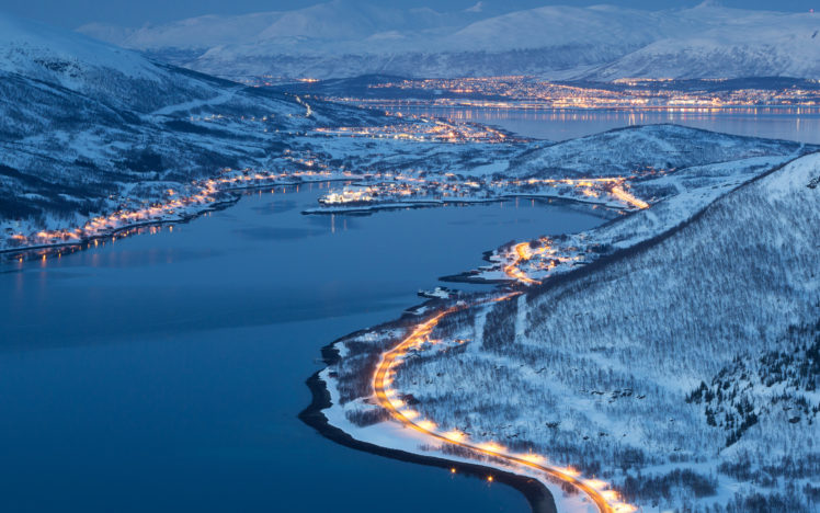 lakes, Snow, Winter, Lights, Landscapes, Night, Lights, Reflection HD Wallpaper Desktop Background