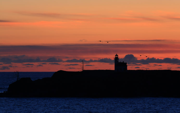 lighthouse, Sunset, Evening, Seagulls, Ocean, Sea, Bird, Birds HD Wallpaper Desktop Background