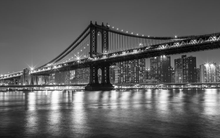 manhattan, Bridge, Bridge, New, York, Buildings, Bw, Night, Lights, Reflection HD Wallpaper Desktop Background