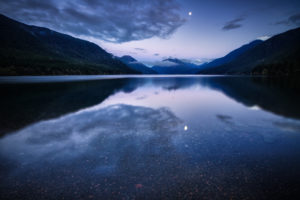 mountain, Lake, Water, Surface, Night, Blue, Lilac, Sky, Clouds, Moon, Reflection