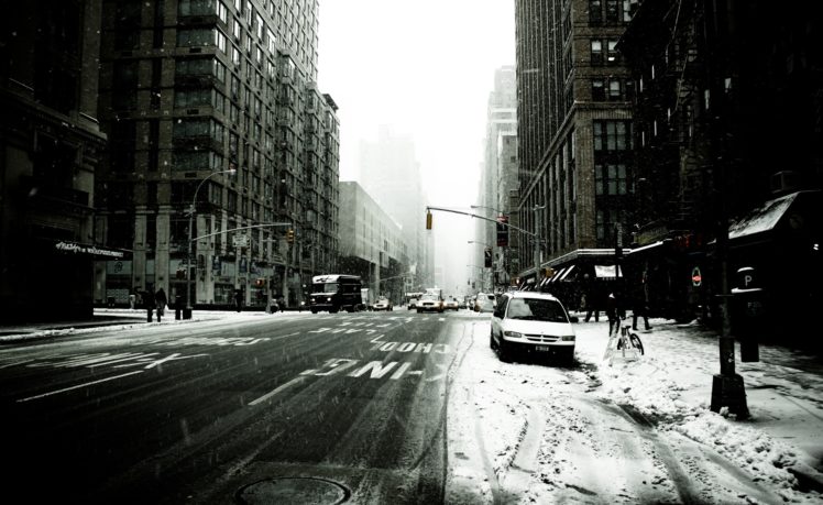 new, York, New, York, City, America, Usa, States, Skyscrapers, Winter, Blizzard, Cars, People, Taxis HD Wallpaper Desktop Background