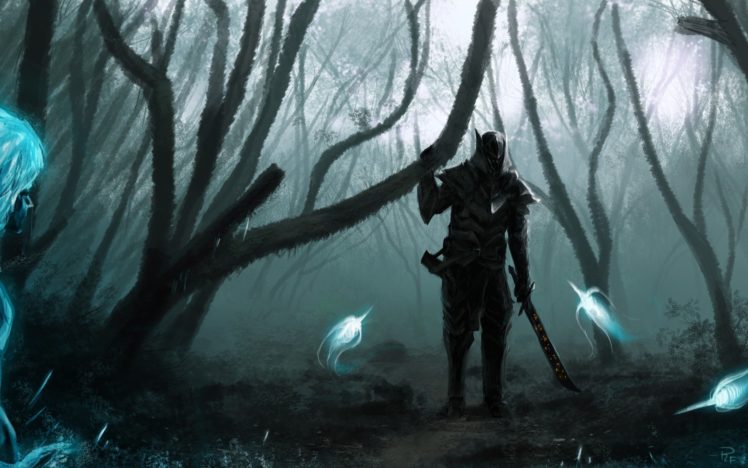 skyrim, Elder, Scrolls, Drawing, Warrior, Warriors, Fantasy, Magic, Trees, Forest HD Wallpaper Desktop Background