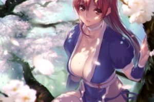 breasts, Cherry, Blossoms, Choker, Cleavage, Dead, Or, Alive, Flowers, Japanese, Clothes, Kasumi,  doa , Long, Hair, Petals, Red, Eyes, Sasaoka, Gungu, Thighhighs, Tree
