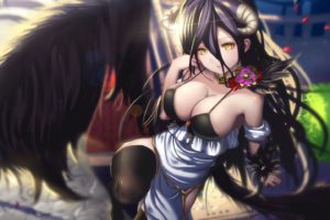 albedo, Black, Hair, Breasts, Cleavage, Cropped, Dress, Hk,  zxd0554 , Horns, Long, Hair, Necklace, Overlord, Petals, Thighhighs, Wings, Yellow, Eyes