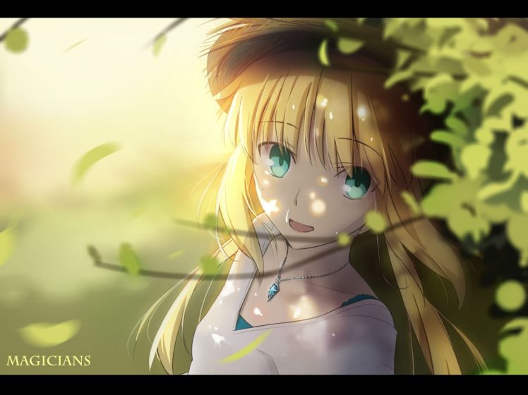 aqua, Eyes, Blonde, Hair, Fate, Stay, Night, Hat, Leaves, Long, Hair, Magicians, Necklace, Saber, Watermark HD Wallpaper Desktop Background