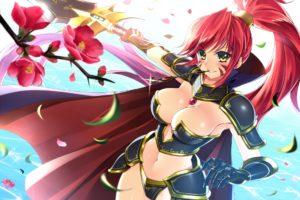 armor, Breasts, Bucchake,  asami , Cape, Cleavage, Flowers, Gloves, Leaves, Long, Hair, Navel, Nobunaga, Oda, Petals, Ponytail, Red, Hair, Sword, Tattoo, Weapon