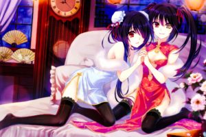 bed, Bicolored, Eyes, Black, Hair, Chinese, Clothes, Chinese, Dress, Date, A, Live, Fan, Flowers, Night, Tagme,  artist , Thighhighs, Tokisaki, Kurumi, Twintails