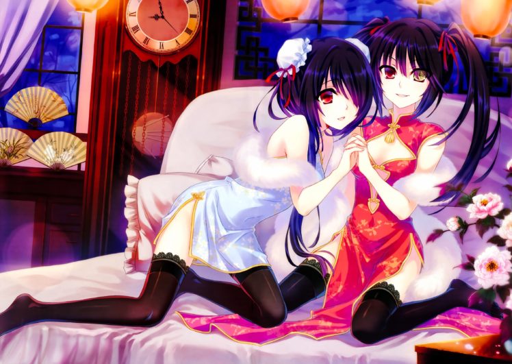 bed, Bicolored, Eyes, Black, Hair, Chinese, Clothes, Chinese, Dress, Date, A, Live, Fan, Flowers, Night, Tagme,  artist , Thighhighs, Tokisaki, Kurumi, Twintails HD Wallpaper Desktop Background
