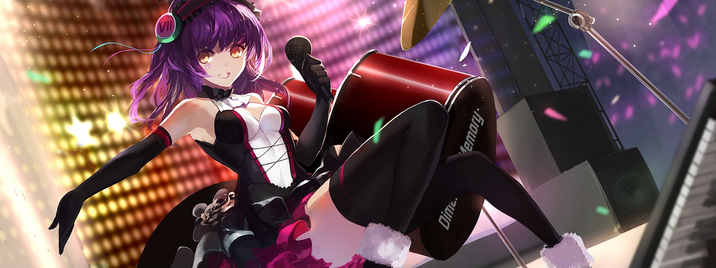 drums, Elbow, Gloves, Headband, Instrument, Microphone, Purple, Hair, Swd3e2, Tattoo, Thighhighs, Yellow, Eyes Wallpaper