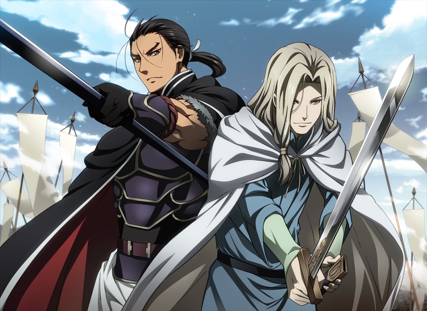 , Male, Armor, Black, Hair, Cape, Daryun, Gloves, Gray, Hair, Heroic, Legend, Of, Arslan, Male, Narsus, Nyoronyoro, Ponytail, Spear, Sword, Weapon Wallpaper