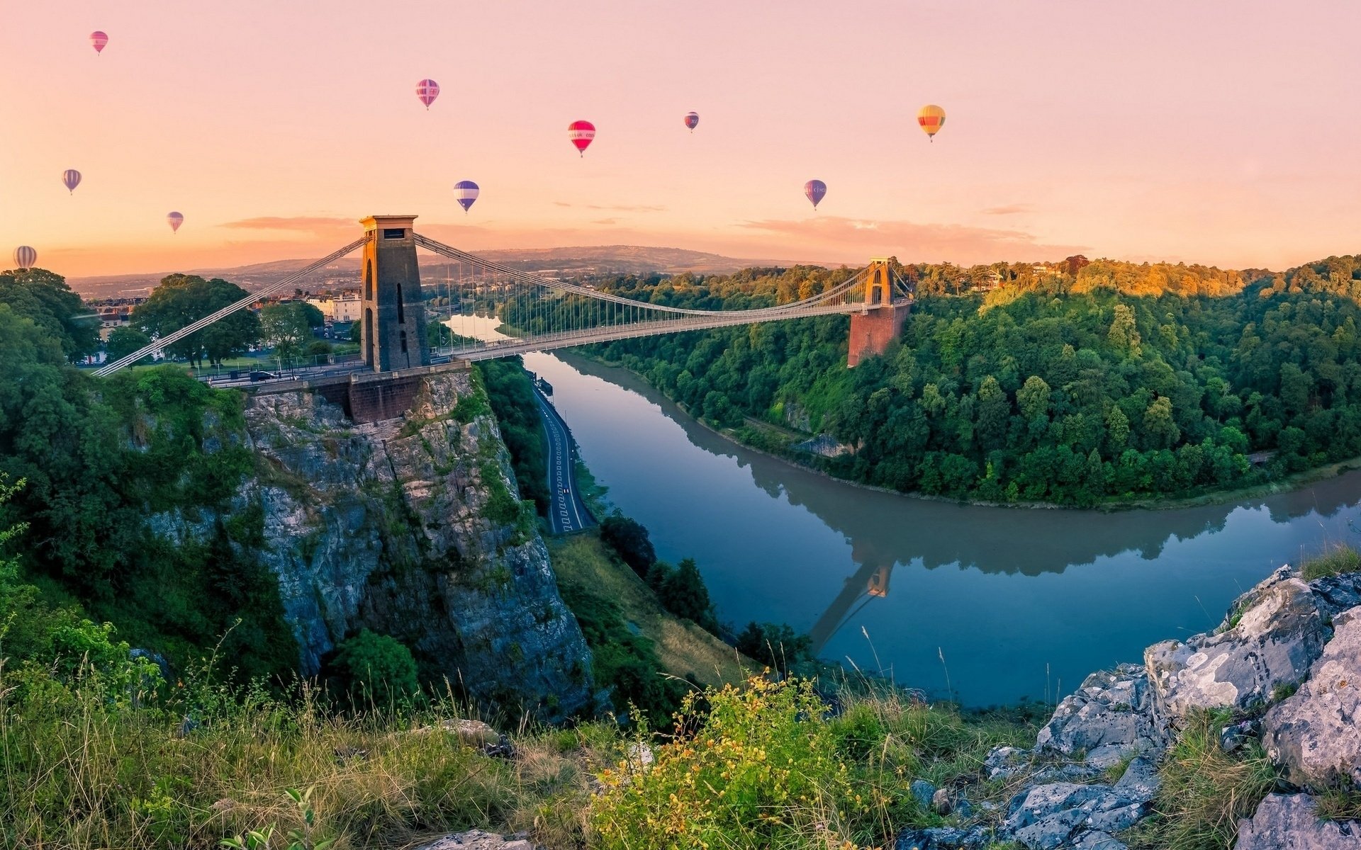 nature, Bridge, Balls, Mountain, Sky, River, Balloon, River Wallpaper