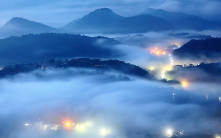 blue, Landscapes, Hills, Mist, Citylights HD Wallpaper Desktop Background