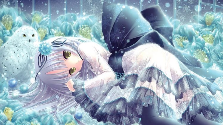 anime, Girl, With, White, Hair, Yellow, Eyes, Winter, With, Owl, White,  Dress Wallpapers HD / Desktop and Mobile Backgrounds