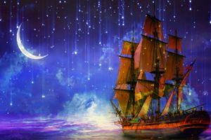 fantasy, Ship, Moon, Stars, Sky, Beauty, Sea, Ocean, Clouds, Landscape