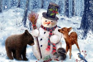 best, Friends, Wide, Cute, Painting, Snowman, Winter, Animal, Deer, Dog