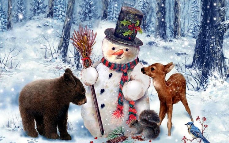 best, Friends, Wide, Cute, Painting, Snowman, Winter, Animal, Deer, Dog HD Wallpaper Desktop Background