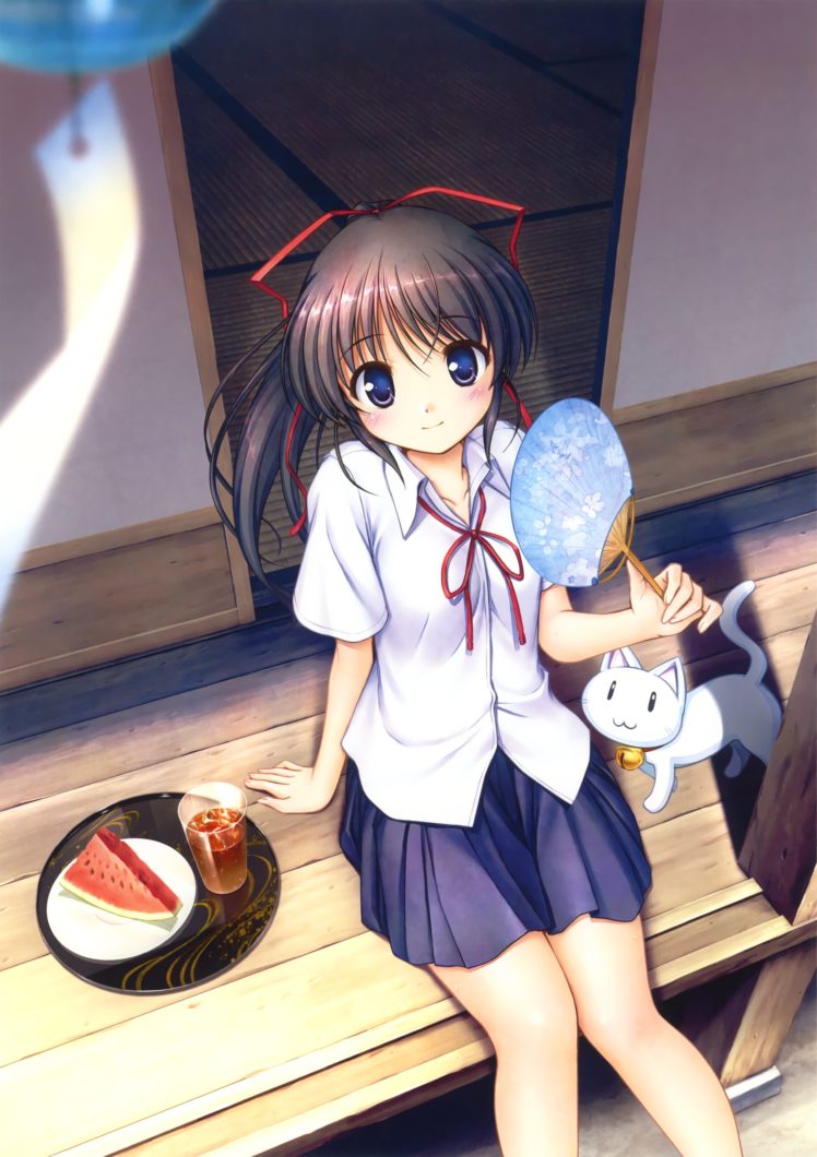 original, Anime, Girl, School, Uniform, Cute, Cat, Beautiful, Dress, Long, Hair HD Wallpaper Desktop Background