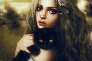 2d, Realism, Portrait, Cat, Witch, Woman, Girl, Beautiful, Fantasy
