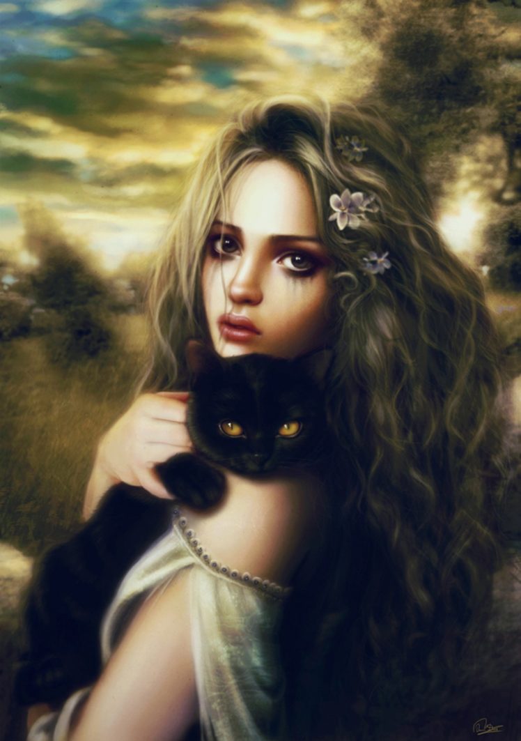2d, Realism, Portrait, Cat, Witch, Woman, Girl, Beautiful, Fantasy HD Wallpaper Desktop Background