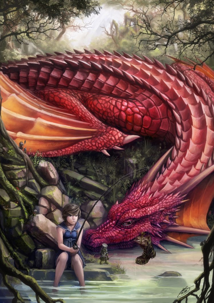 fish, 2d, Girl, Dragon, Frog, Magical, Fishing, Female, Woman, Fantasy HD Wallpaper Desktop Background