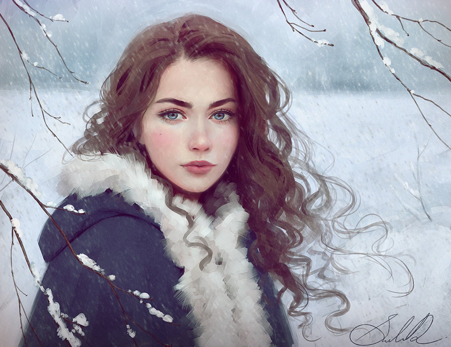 painting, Art, Snow, Winter, Long, Hair, Girl, Woman, Beautiful Wallpaper