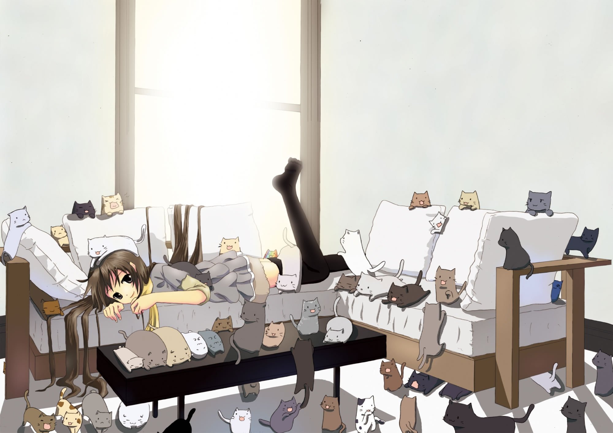 anime, Girl, Animals, Cats, Cute Wallpaper