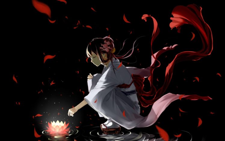 japanese, Women, Anime, Girl, Kimono, Red, Lotus, Flower HD Wallpaper Desktop Background