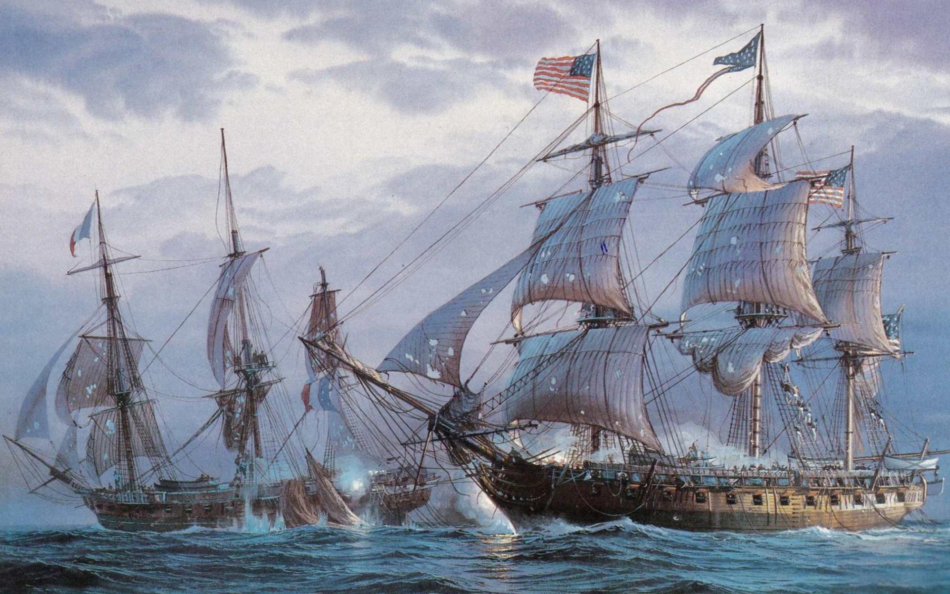 painting, Sea, Battle, Sailing, Frigates, Shots, Damage, Oil, On, Canvas, Ocean, Boat, Boats, Ship, Ships Wallpaper