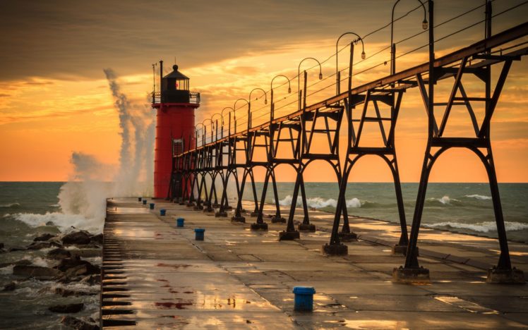 pier, Lighthouse, Water, Waves, Sky, Lakes, Lake, Sunset, Sea, Ocean HD Wallpaper Desktop Background
