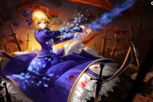blonde, Hair, Blood, Dress, Fate, Stay, Night, Green, Eyes, Liang, Xing, Magic, Ribbons, Saber, Sunset, Sword, Weapon