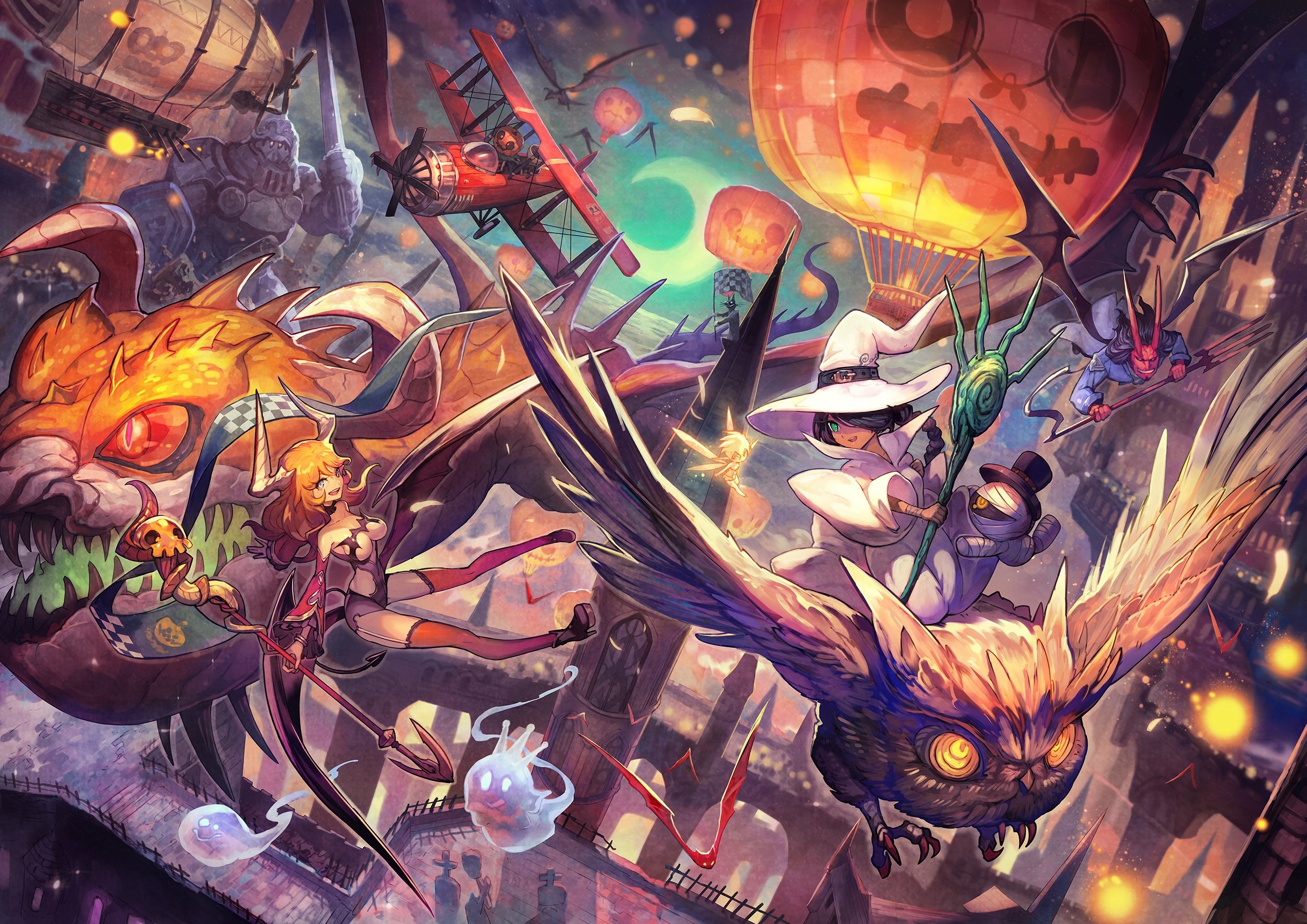 aircraft, Animal, Bandage, Bat, Bird, City, Demon, Group, Halloween, Hat, Horns, Lack, Moon, Original, Owl, Sky, Spear, Staff, Thighhighs, Weapon, Wings, Witch, Hat Wallpaper
