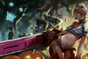 breasts, Chainsaw, Cleavage, Halloween, Iorlvm, League, Of, Legends, Mask, Navel, Riven,  league, Of, Legends , Short, Hair