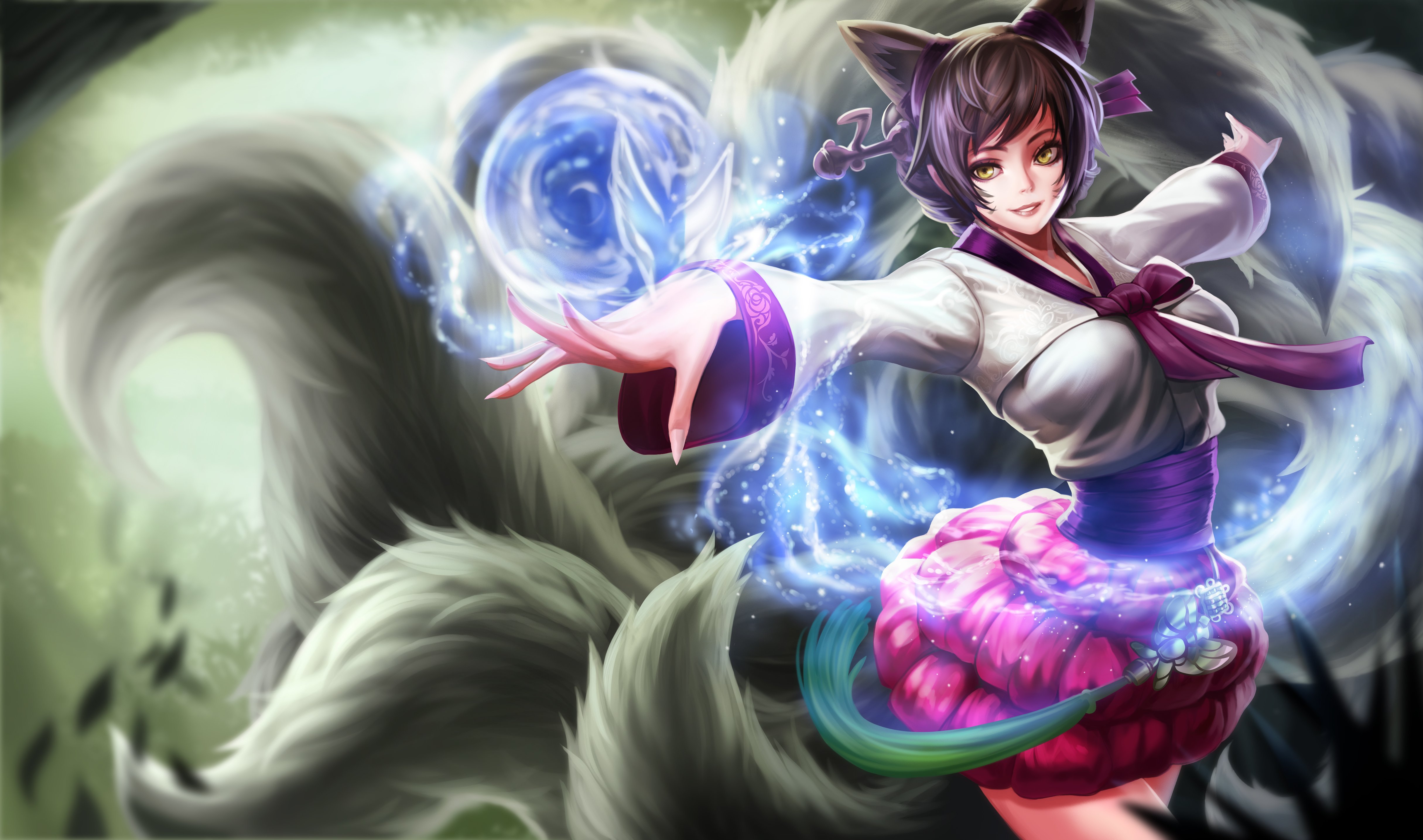ahri,  league, Of, Legends , Animal, Ears, Chinese, Clothes, Foxgirl, Goomrrat, League, Of, Legends, Magic, Multiple, Tails, Tail Wallpaper
