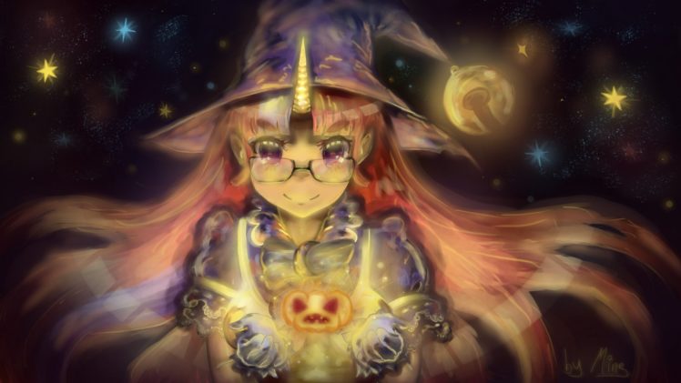 glasses, Halloween, Hat, Horns, Long, Hair, Mingarts, Orange, Hair, Pumpkin, Purple, Eyes, Signed, Stars, Witch, Hat HD Wallpaper Desktop Background