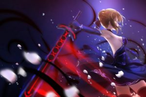 arms, Ai, Brown, Hair, Dress, Elbow, Gloves, Fate, Stay, Night, Saber, Alter, Sideboob, Sword, Thighhighs, Weapon, Yellow, Eyes, Zettai, Ryouiki