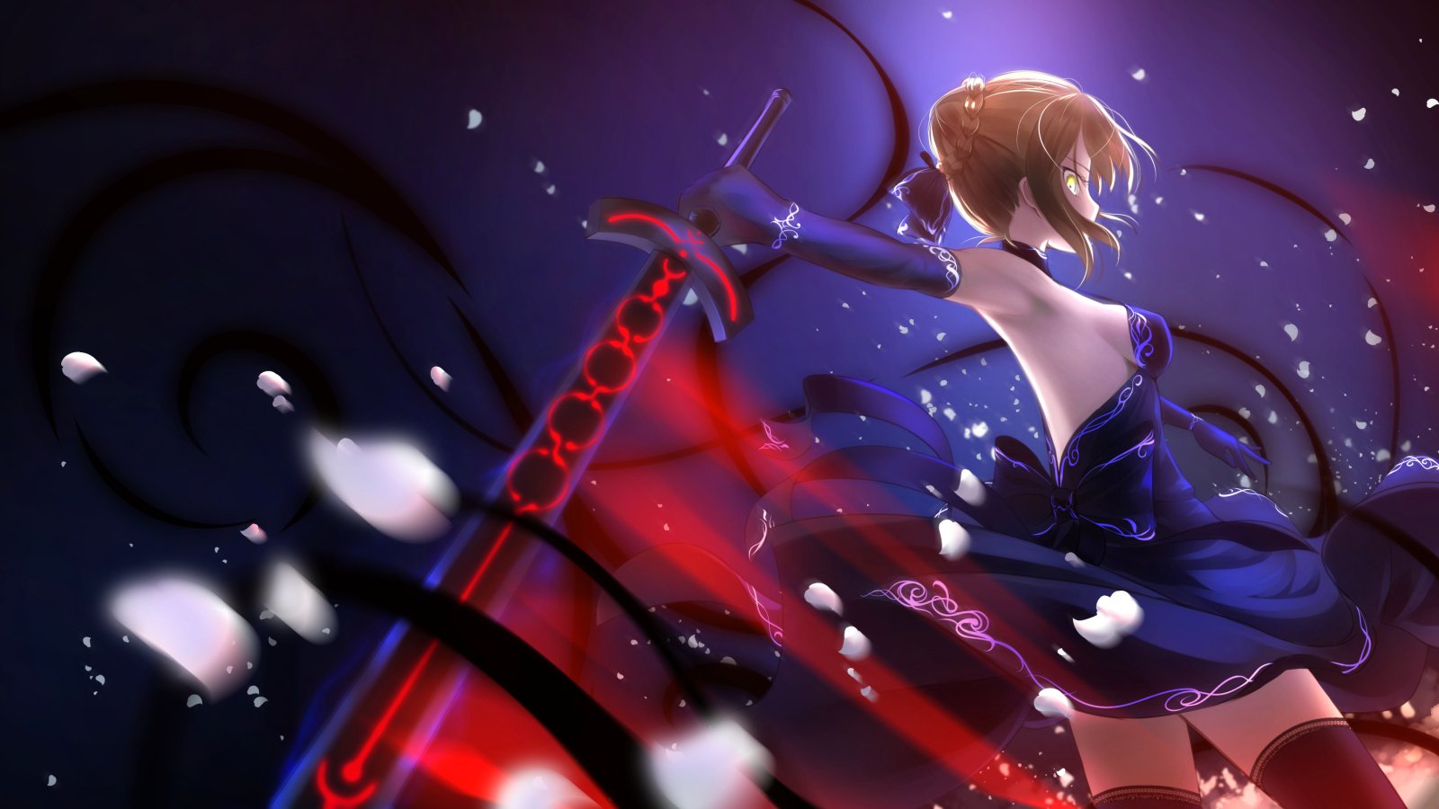 arms, Ai, Brown, Hair, Dress, Elbow, Gloves, Fate, Stay, Night, Saber, Alter, Sideboob, Sword, Thighhighs, Weapon, Yellow, Eyes, Zettai, Ryouiki Wallpaper
