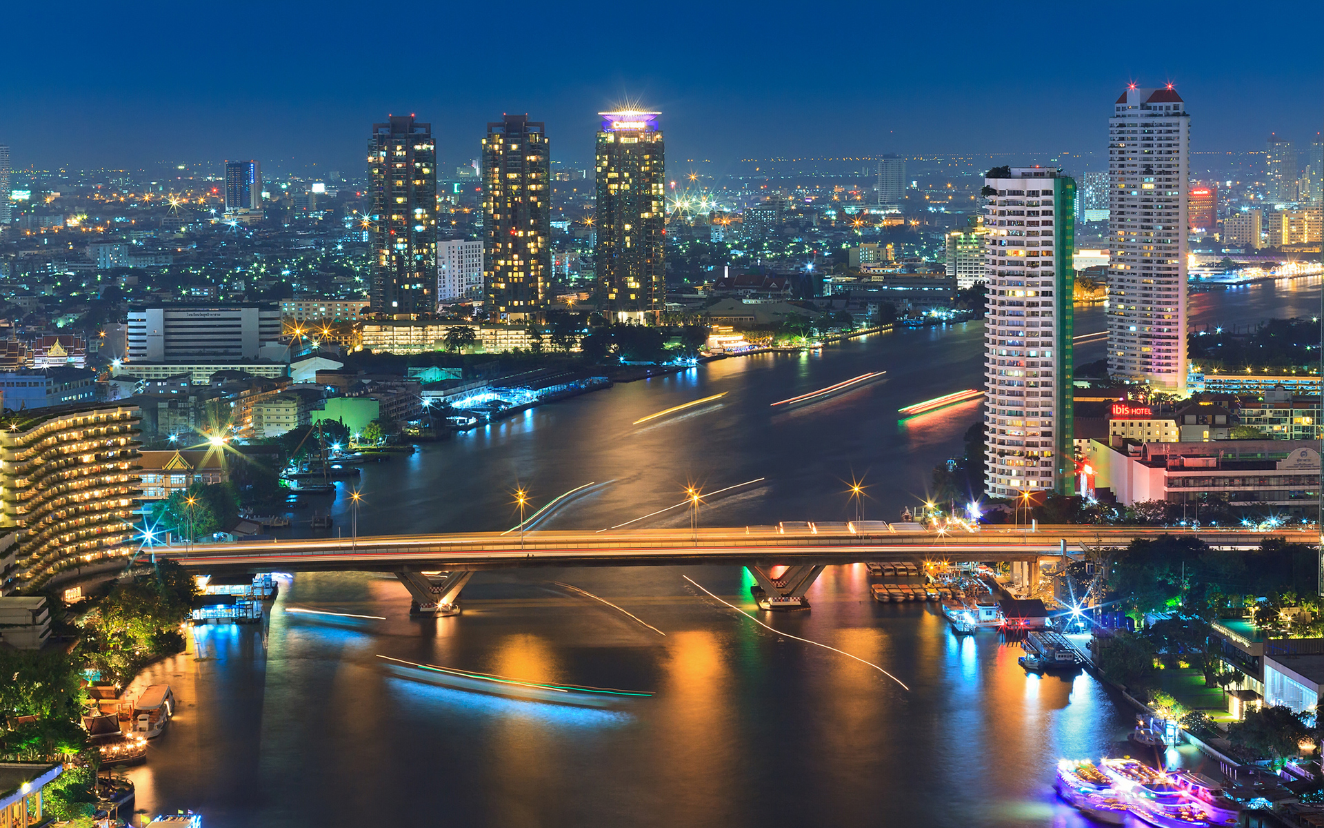 buildings, Skyscrapers, River, Timelapse, Night, Bridge, Bridges, Reflection Wallpaper