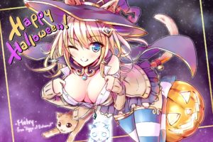 animal, Animal, Ears, Blonde, Hair, Breasts, Cat, Catgirl, Cleavage, Halloween, Hat, Melvy, No, Bra, Open, Shirt, Sora, From, France, Tail, Thighhighs, Wink, Witch