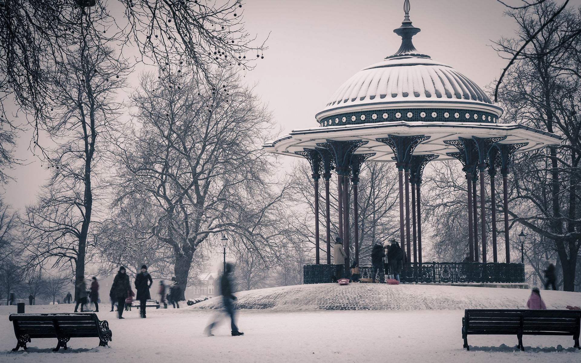 gazebo, Bw, Trees, Snow, Winter Wallpaper