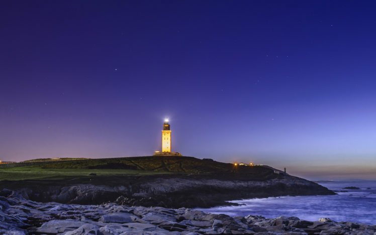 lighthouse, Night, Light, Coast, Beaches, Ocean, Sea HD Wallpaper Desktop Background
