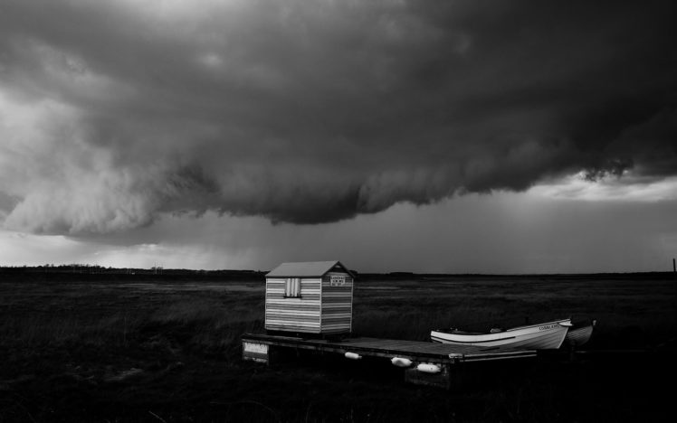 clouds, Bw, Boat, Shed, Storm, Boats, Rain, Black, White, Landscapes HD Wallpaper Desktop Background