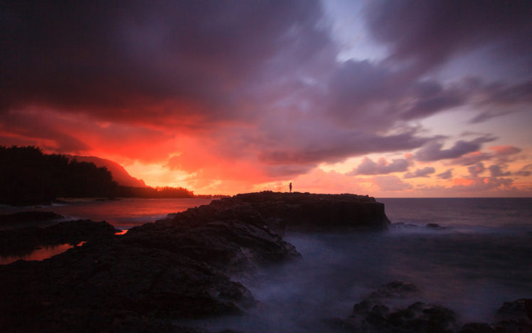 person, Sunset, Shore, Ocean, Clouds, Sea, Mood HD Wallpaper Desktop Background